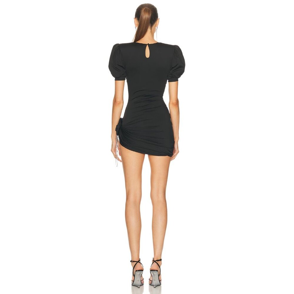 AREA Crystal Crystal Flower Draped Short Sleeve Mini Dress in Black - Picture 4 of 5